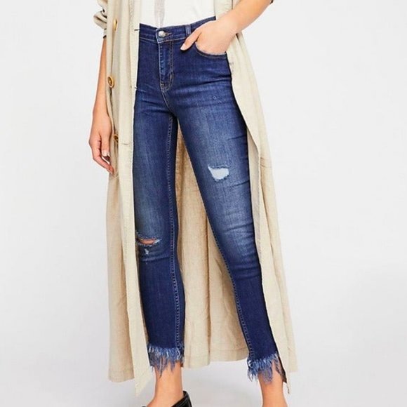 Free People Denim - Free People Dark Wash Distressed Fringe Jeans